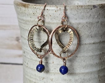 Hand hammered brass and copper hoop earrings with lapis beads