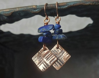 Diamond shaped basket weave earrings with lapis lazuli  beads