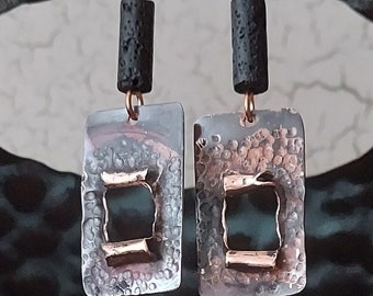 Rustic windowpane hammered copper earrings