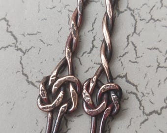 Long love knot dangle earrings handcrafted from upcycled copper