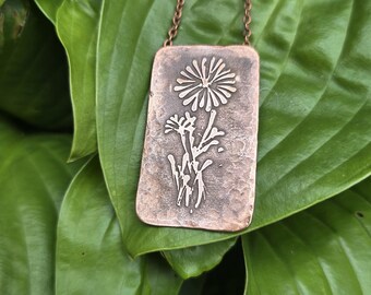 One of a kind pendant with handpainted, etched flowers on upcycled copper