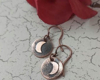 Small etched copper moon earrings