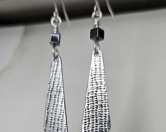 Lightweight upcycled handcrafted triangle silvery textured earrings