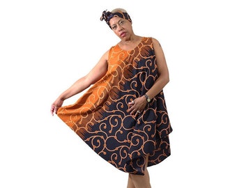 Authentic Traditional African Patterns - African Print Umbrella Dress with Headwrap - Dress for Wedding, Birthday Party, or a Get-Together