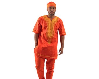 Red Men's Embroidered Pant Set - African Print Pant Set -Red Men Two-Piece - White Afriacn Print Outfit - African Inspired Pant Suit ofr Men