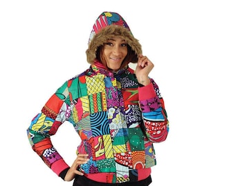 Ankara Hoodie Jacket - Colour Me Crazy Coat - Ankara Patchwork Boho Jacket - Black Owned Bomber Coat - Hippie Winter Coat Gift for Sister