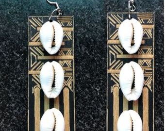 Long Wooden Earrings with Cowrie Shells - Laser Cut Earrings- Black Geometric Earrings for Women - Wood Drop Earrings - Tribal Earrings Gift