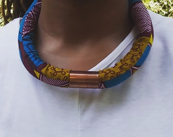 African Jewelry. Blue & Maroon Ankara Wax Fabric Statement Necklace, Thank you Gift for Friend, Mothers Anniversary, Cousin Birthday Party