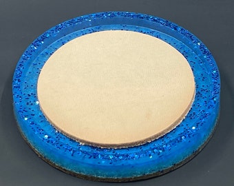 Leather handmade coaster, customizable, SPARKLY BLUE, many other colors available, cork base epoxy resin coaster with leather surface.