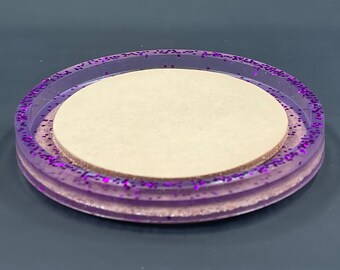 Leather handmade coaster, customizable, SPARKLY PURPLE TRANSLUCENT, many other colors available, cork base epoxy resin coaster with leather.