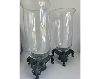 Large Vintage Pair of Hurricane Lanterns with Iron Bases - Dragon Motif - Large Glass Candle Holders