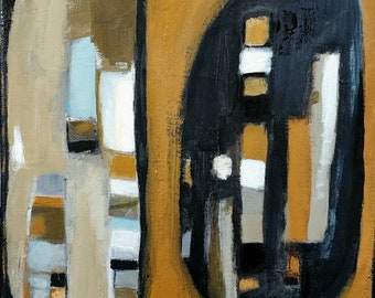 May include: Abstract painting with geometric shapes in shades of brown, black, white, and blue. The painting is divided into two sections, with a large black shape on the right and a smaller brown shape on the left.