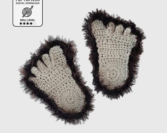 May include: A pair of crocheted slippers shaped like hairy feet with light beige soles and dark brown faux fur trim. The image includes a square label with the text PDF PATTERN DIGITAL DOWNLOAD and a graphic of a ball of yarn with a hook.