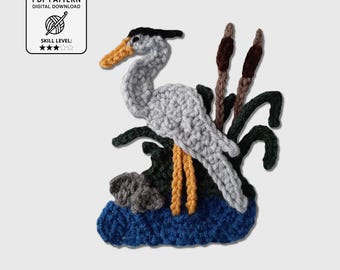 Great Blue Heron Crochet Applique Pattern • Wetland Motif • Water Bird