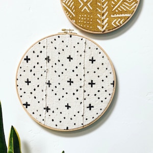 2 Piece Set |  Black White Mustard African Mudcloth Gallery Wall Large Wall Hanging, Wood Circle Frame, Modern Boho, Vintage Textile Art