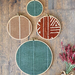 4 Piece Set, Green Rust African Mudcloth Gallery Wall Hanging Decor, Wood Circle Frames Various Sizes, Authentic Vintage Textiles