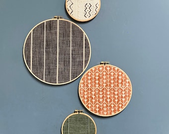 Designer Textile Gallery Wall Art Set | Wood Circle Frame Various Sizes, Modern Boho, Authentic Vintage Textile Art | Set of 6