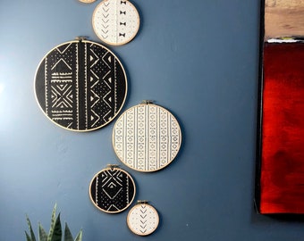 African Mudcloth Gallery Wall Hanging Decor Set, Wood Circle Frames Various Sizes, Modern Boho, Authentic Vintage Textile Art 6 Pieces