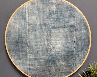 12" Blue Indigo African Mudcloth Gallery Wall Large Wall Hanging, Wood Circle Frame, Modern Boho Authentic Vintage Textile