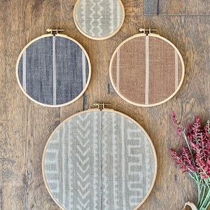 4 Piece Set, Black Tan Brown African Mudcloth Gallery Wall Hanging Decor, Wood Circle Frames Various Sizes, Authentic Vintage Textiles