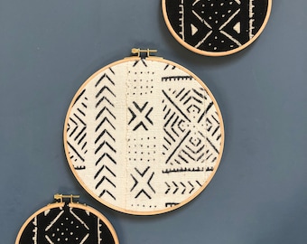 African Mudcloth Vintage Gallery Wall Set of 3 Wall Hangings, Black White Triangles | Wood Circle Frame Set | Modern Boho, Authentic