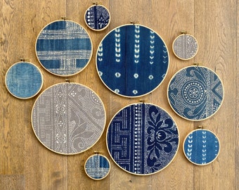 African Mudcloth Gallery Wall Hanging Decor Set, Wood Circle Frames Various Sizes, Modern Boho, Authentic Vintage Textile Art 10 Pieces