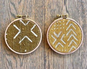 4” Mustard Yellow Brown Mudcloth Gallery Wall Hanging, Wood Circle Frame, Modern Boho Authentic Vintage Textile Art