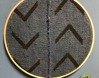 9" Gray Blue Black Arrow African Mudcloth Baule Gallery Wall Large Wall Hanging, Wood Circle Frame, Modern Boho Authentic Vintage Textile Ar