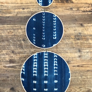 African Mudcloth Vintage Gallery Wall Set of 3 Wall Hangings, Blue Indigo Wood Circle Frame Set Modern Boho, Authentic image 1