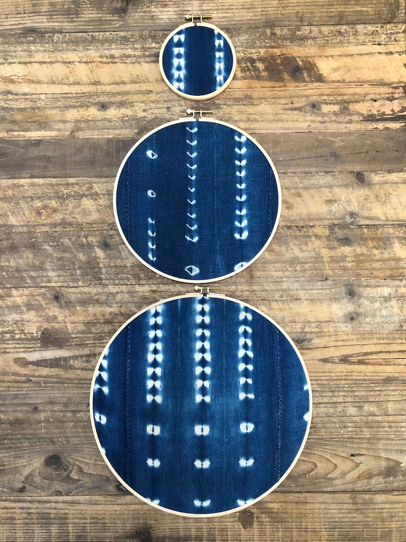 African Mudcloth Vintage Gallery Wall Set of 3 Wall Hangings, Blue Indigo Wood Circle Frame Set Modern Boho, Authentic image 1