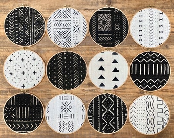 9" Black White African Mudcloth Gallery Wall Large Wall Hanging, Wood Circle Frame, Modern Boho Authentic Vintage Textile Art