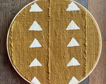 Choose A Size | Mustard Yellow Brown Triangle Mudcloth Gallery Wall Hanging, Wood Circle Frame, Modern Boho Authentic Vintage Textile Art