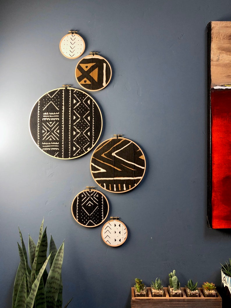 African Mudcloth Gallery Wall Hanging Decor Set Wood Circle Etsy