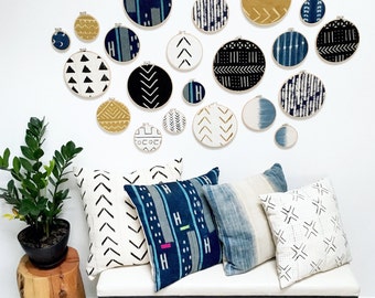 African Mudcloth Gallery Wall Hanging Decor Set, Wood Circle Frames Various Sizes, Modern Boho, Authentic Vintage Textile Art 5 Pieces