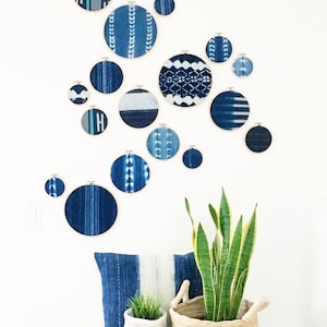 African Mudcloth Gallery Wall Hanging Decor Set, Wood Circle Frames Various Sizes, Modern Boho, Blue Indigo, Authentic Vintage Textile Art
