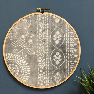 12 Rare Gray Batik Lace Hmong Gallery Wall Hanging, Wood Circle Frame, Modern Boho Authentic Vintage Textile Art image 1