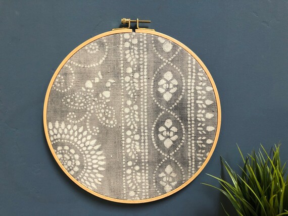9” Rare Gray Batik Lace Hmong Gallery Wall Hanging, Wood Circle Frame, Modern Boho Authentic Vintage Textile Art