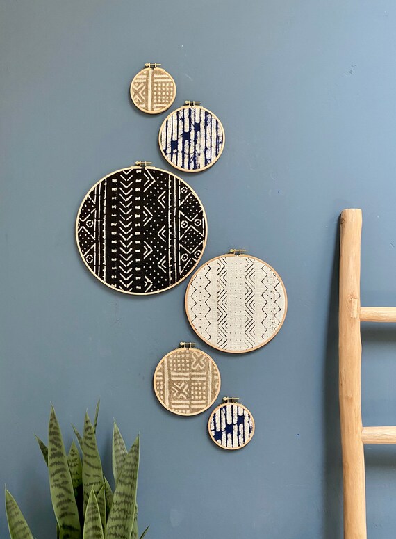 African Mudcloth Gallery Wall Hanging Decor Set Wood Circle Frames Various Sizes Modern Boho Authentic Vintage Textile Art 6 Pieces Etsy Canada