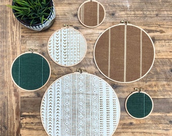 Designer Textile Gallery Wall Art Set | Wood Circle Frame Various Sizes, Modern Boho, Authentic Vintage Textile Art | Set of 6