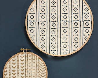 African Mudcloth Gallery Wall Large Wall Hanging, Wood Circle Frame Various Sizes, Modern Boho, Authentic Vintage Textile Art | Set of 2