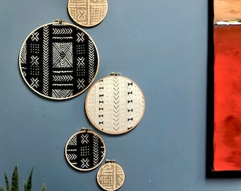 African Mudcloth Gallery Wall Hanging Decor Set, Wood Circle Frames Various Sizes, Modern Boho, Authentic Vintage Textile Art 6 Pieces