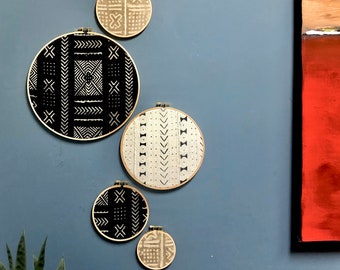 African Mudcloth Gallery Wall Hanging Decor Set, Wood Circle Frames Various Sizes, Modern Boho, Authentic Vintage Textile Art 6 Pieces