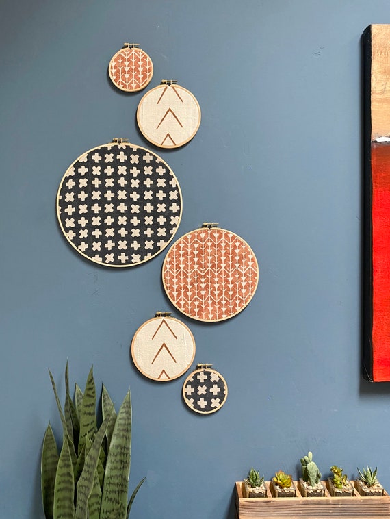 Designer Textile Gallery Wall Art Set | Wood Circle Frame Various Sizes, Modern Boho, Authentic Vintage Textile Art | Set of 6