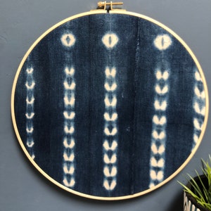 12 Blue Indigo African Mudcloth Gallery Wall Large Wall Hanging, Wood Circle Frame, Modern Boho Authentic Vintage Textile image 1