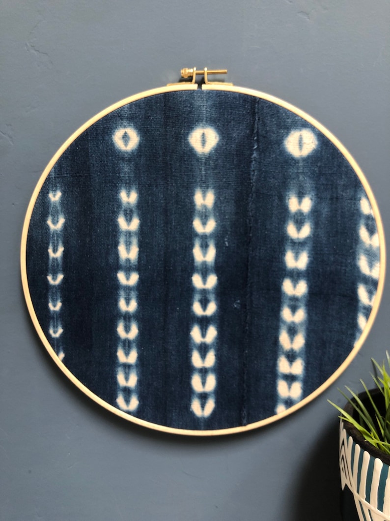 12 Blue Indigo African Mudcloth Gallery Wall Large Wall Hanging, Wood Circle Frame, Modern Boho Authentic Vintage Textile image 1