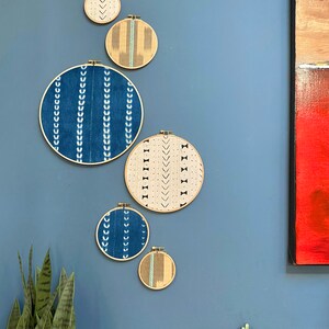 6 Piece Set, Mustard Indigo Blue African Mudcloth Gallery Wall Hanging Decor Set, Wood Circle Frames Various Sizes, Authentic Vintage Textil