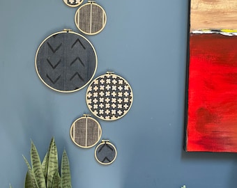 Designer Textile Gallery Wall Art Set | Wood Circle Frame Various Sizes, Modern Boho, Authentic Vintage Textile Art | Set of 6