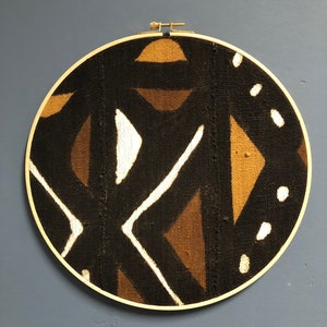 12 "Schwarz Braun Senf Afrikanische Schlammtuch Galerie Wand Große Wandbehang, Holz Kreis Rahmen, Moderne Boho, Authentische Vintage Textilkunst
