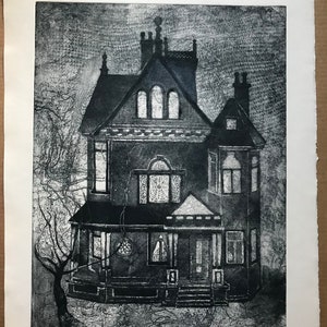 Victorian house etching, original, 29 x 22, Handmade and signed, home decor, wall art. Originals from 1970 image 1