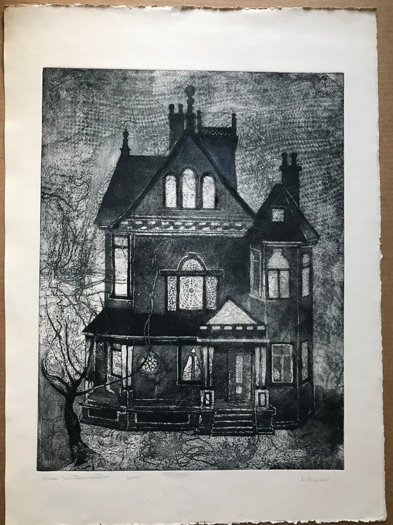 Victorian house etching, original, 29 x 22, Handmade and signed, home decor, wall art. Originals from 1970 image 1